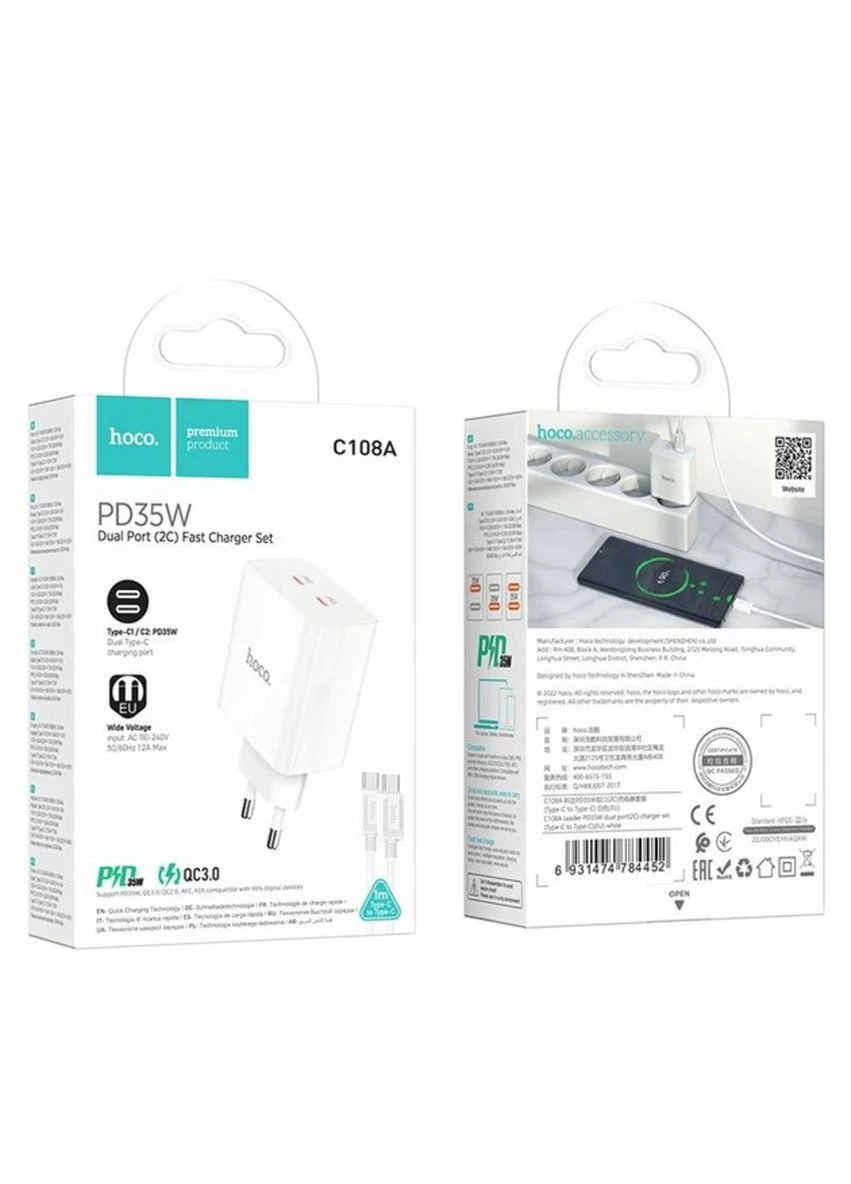 Сетевое зарядное устройство C108A Leader PD35W dual port(2C) charger set(TypeC to Type-C) White Hoco (300678791)