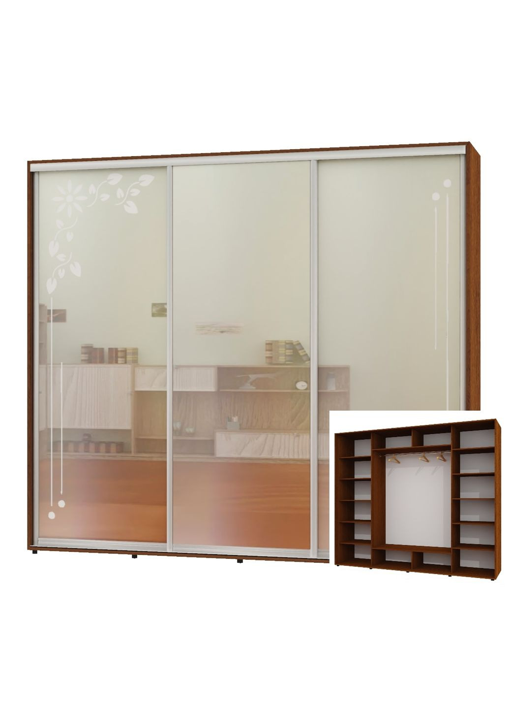 Шкаф-купе трехдверный 260*60*230 Орех лесной 2 Зеркала с пескоструйным рисунком/Зеркало ШК-05 Алекса (360432237)