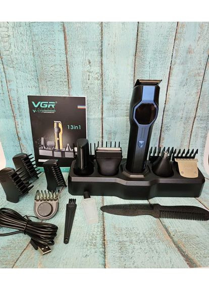 Набор аккумуляторный V-173 для стрижки волос 13в1 с LED-дисплеем и подставкой Черный с синим 5 Вт VGR (361309663)