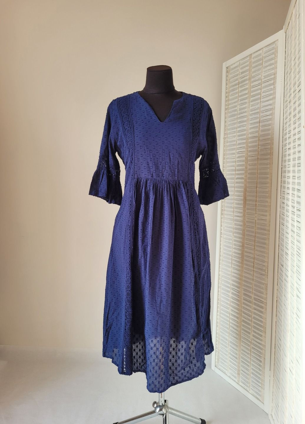 Темно-синя святковий, домашній, пляжна, повсякденний, кежуал, вечірня жіноча літня сукня з декорованої тканини та з мереживом з пишною спідницею No Brand однотонна