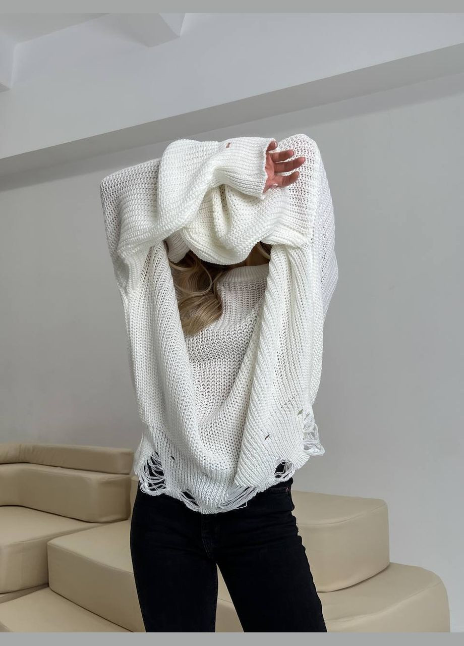 Женский свитер с дырками молочного цвета р.42/46 407262 New Trend (285711791)