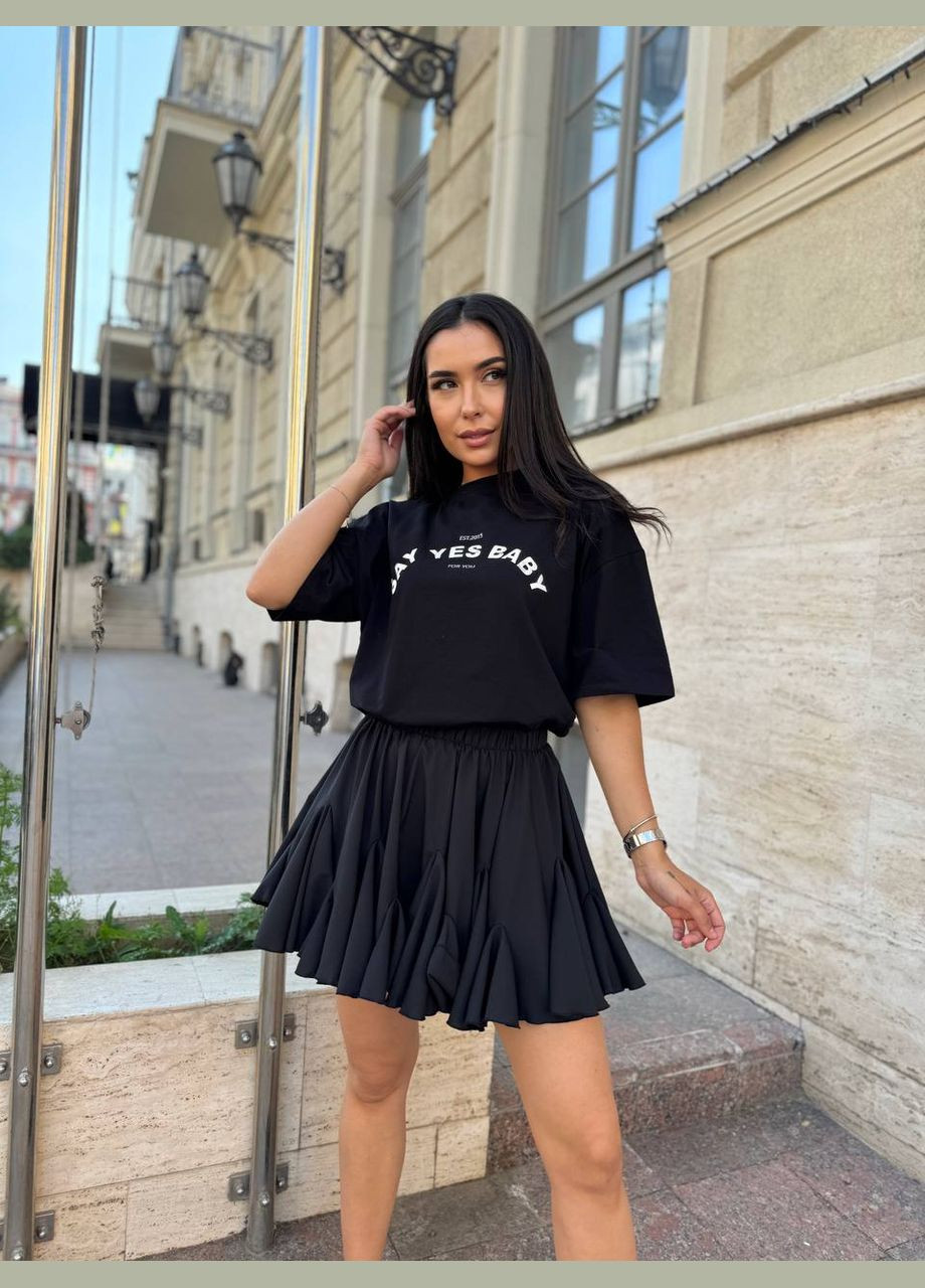 Черная повседневная однотонная женская юбка мини с шортами Україна клешированная-солнце