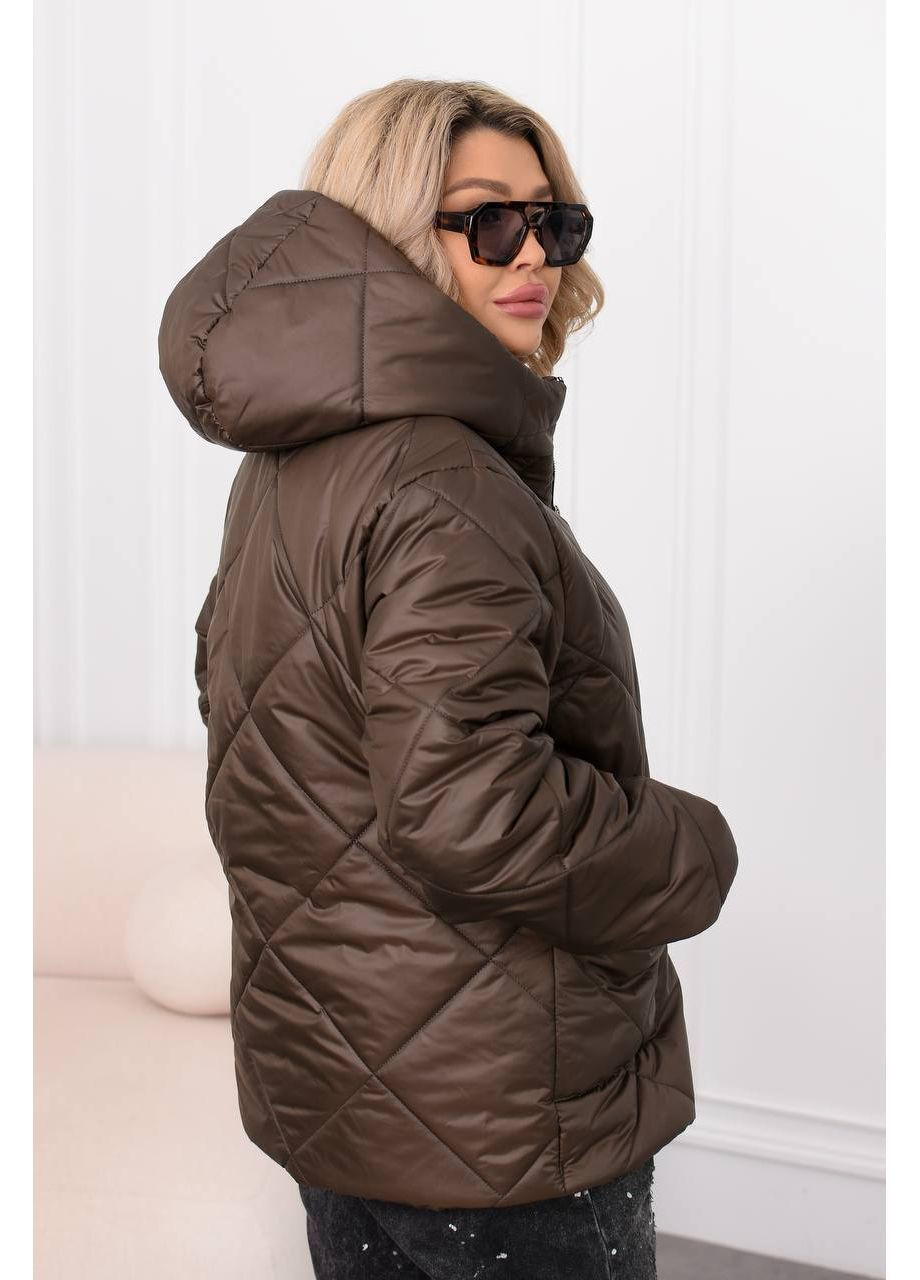 Темно-коричнева демісезонна куртка 1014 осінь поащівка лаке стьобана на синтероні 150,з капюшоном на блискавці Україна