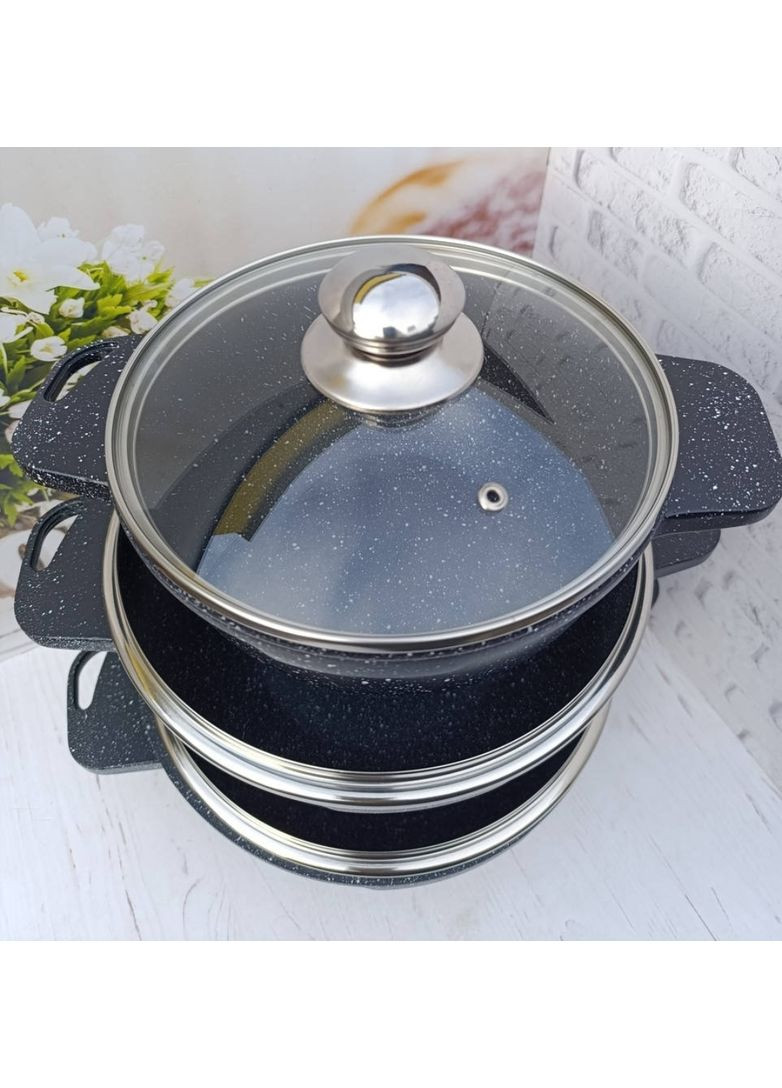 Набір каструль BN-386 з мармуровим антипригарним покриттям 6 предметів Чорний Benson (360648153)