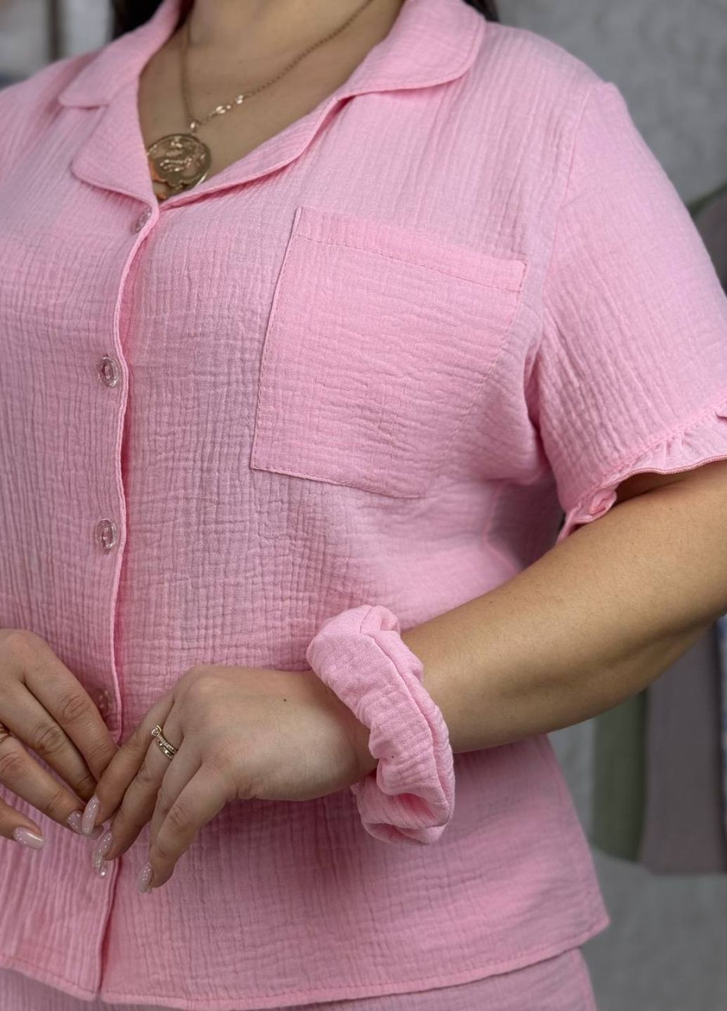 Жіноча піжама-двійка з мусліну з сорочкою на гудзиках Україна (326673022)