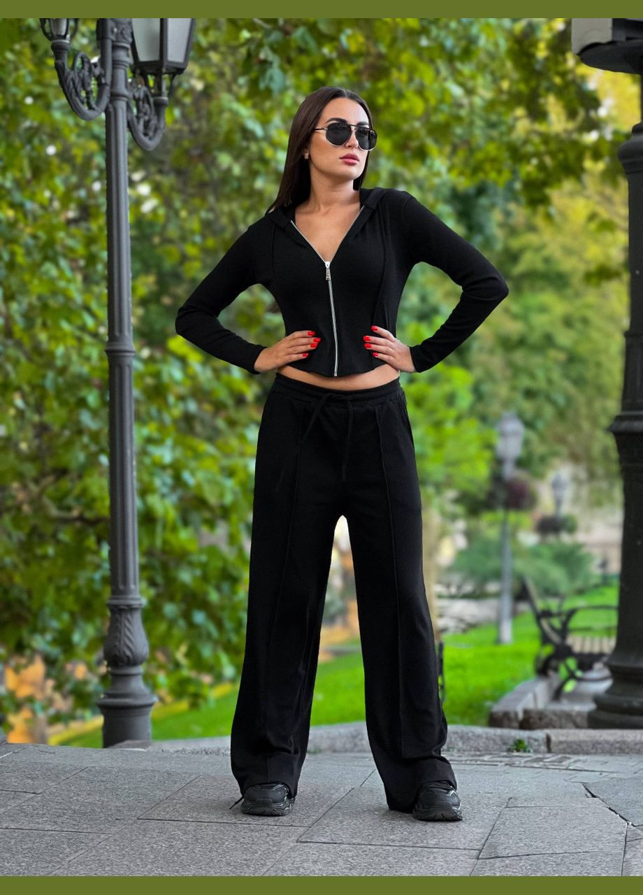 Нежный спортивный костюм двойка (укороченная кофта с капюшоном+штаны) из рубчика, повседневный костюм 2-ка с вертикальными швами No Brand 709-1 (301066467)