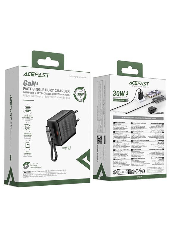 Мережевий зарядний пристрій з кабелем PD30W GaN charger (USB-C+USB-C) with retractable cable (EU) Black (6974316283942) Acefast A110 (361347638)