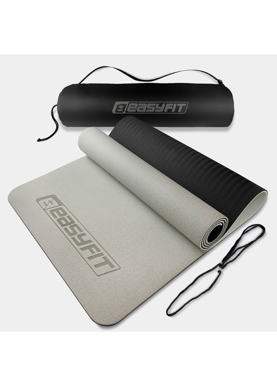 Килимок для йоги та фітнеса TPE+TC 6мм двошаровий + Чохол сірий з чорним EasyFit (362497839)