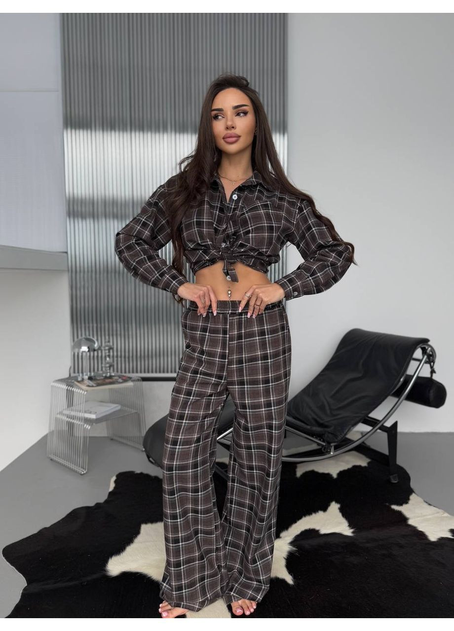 Коричнева жіноча фланелева піжама в клітинку сорочка + брюки No Brand С832/833-806/5