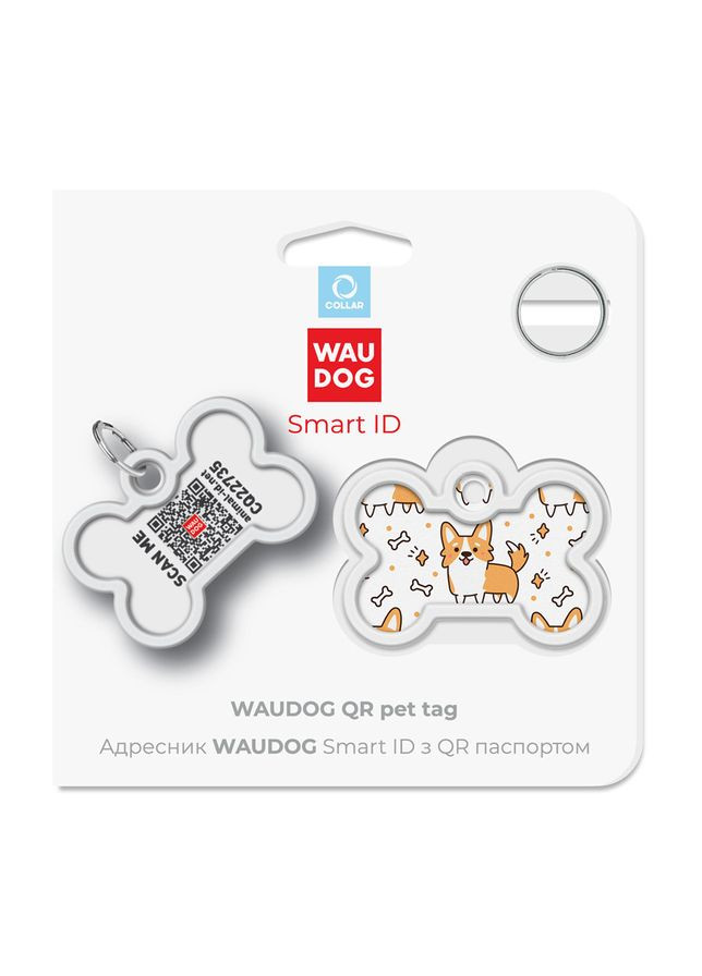 Адресник для собак і котів металевий Smart ID з QR паспортом, малюнок "Коргі", кістка, Д 40 мм, Ш 28 мм WAUDOG (363199866)