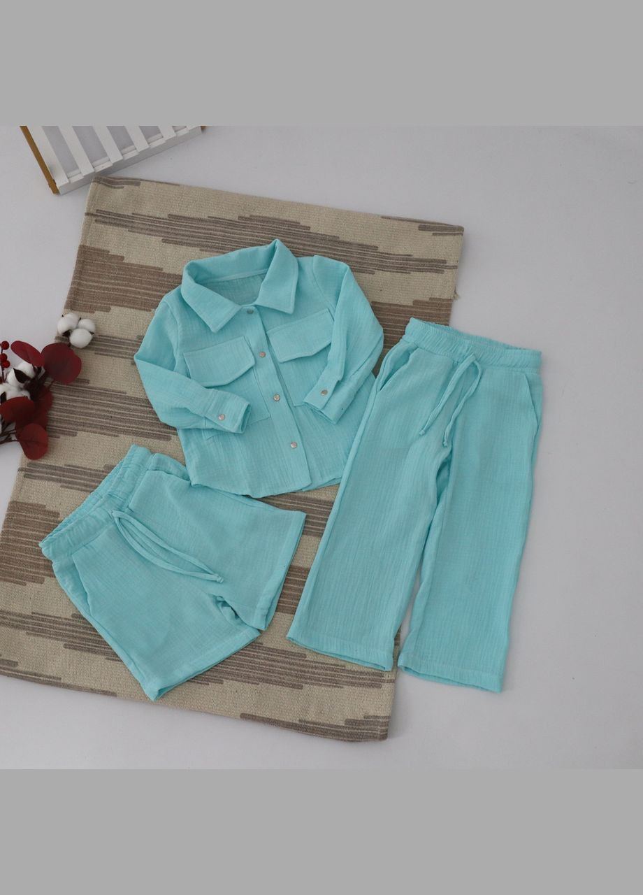 Бирюзовый летний детский ментоловый муслиновый комплект рубашка+ шорты+штаны для девочки mrou No Brand