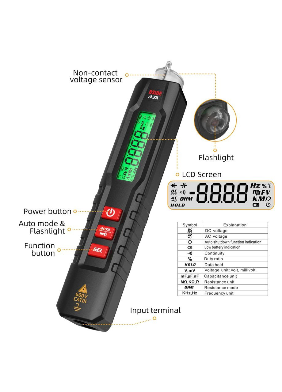 Безконтактний індикатор фази та напруги A3X з функцією тестера, з чохлом Bside (300577541)