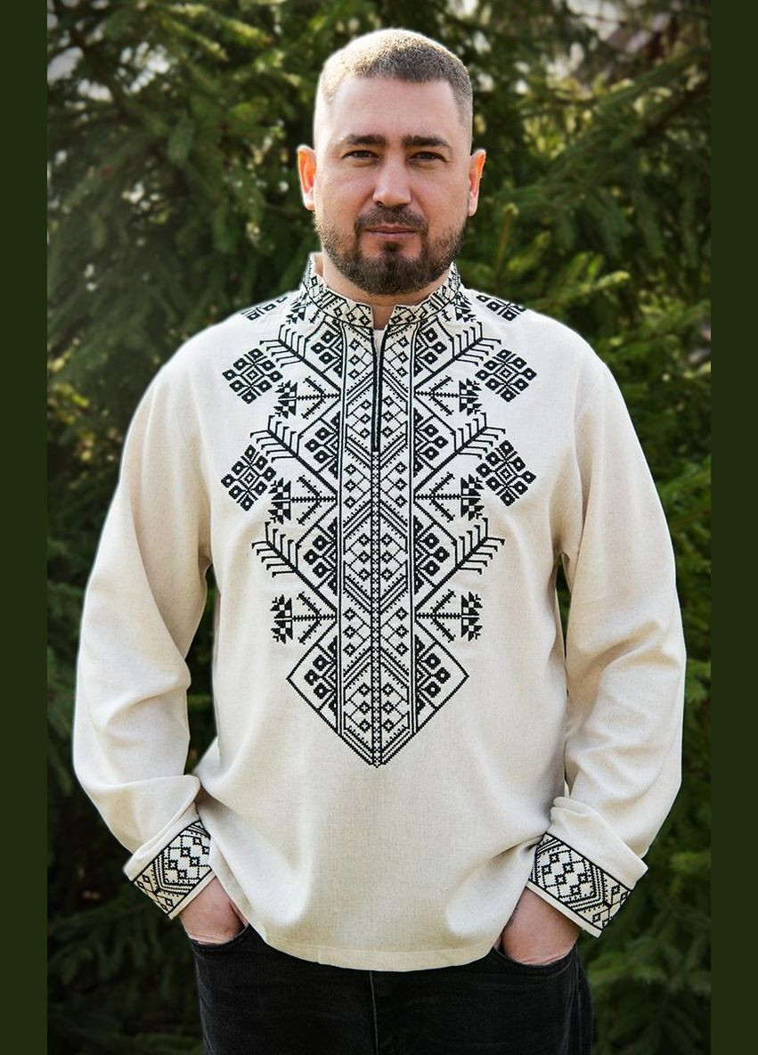 Молочна вишиванка чоловіча «спадщина» лляна сорочка з довгим рукавом візерунок орнамент приталена, вільна, пряма льон (333616107)