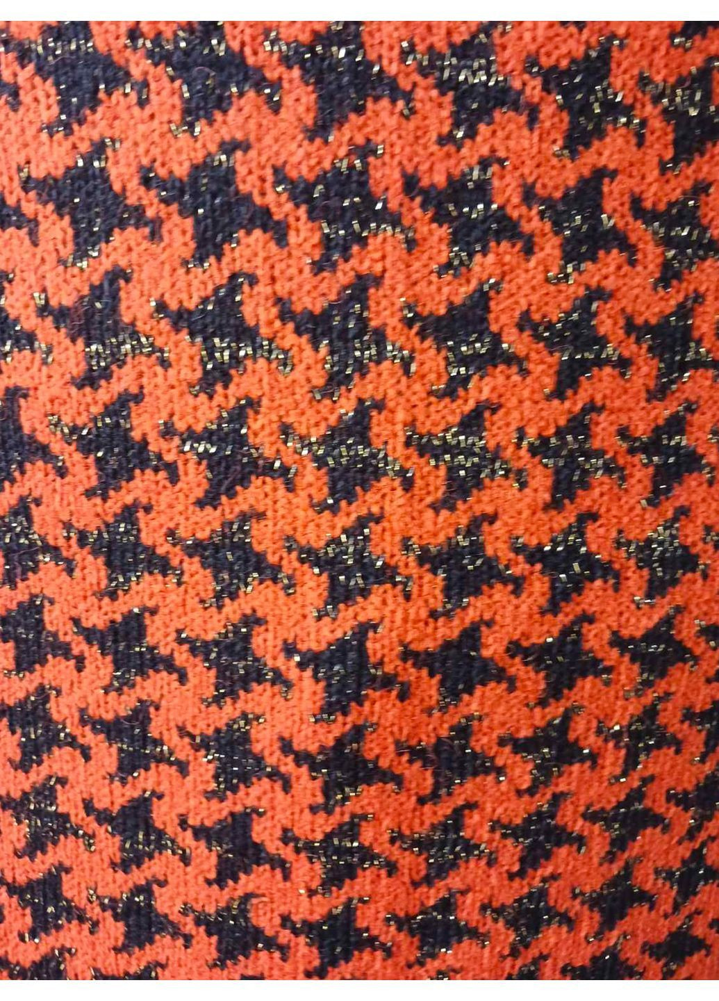 Теракотова зимові жіноче плаття з довгим рукавом батал на в'язаному поясі No Brand з візерунком "гусяча лапка"