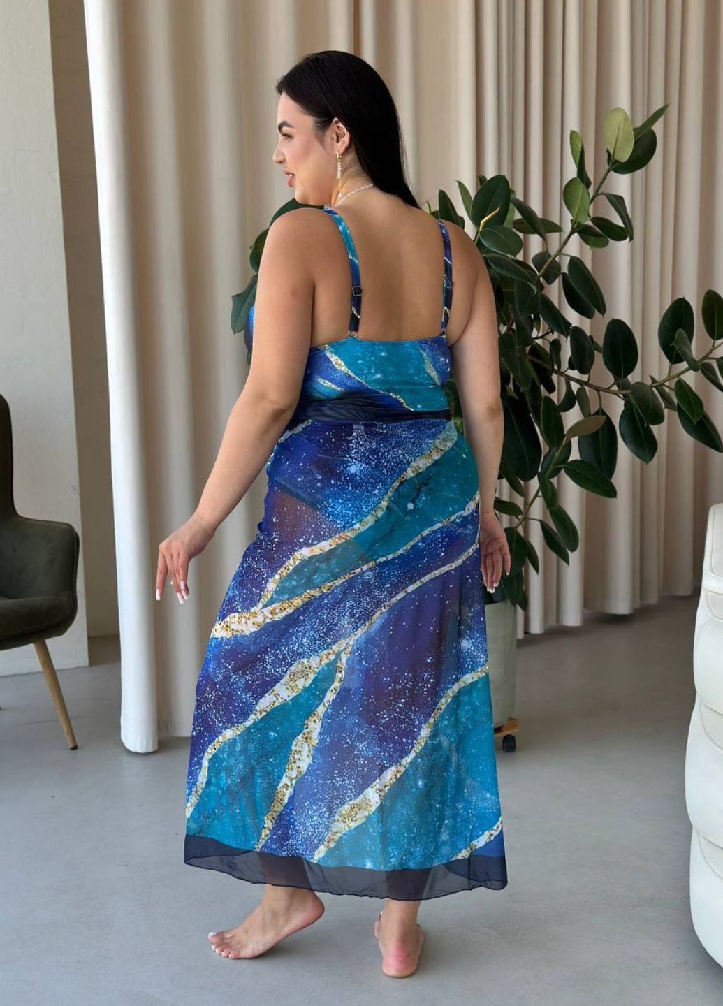 Синий плядный комплект (купальник+парео) слитный No Brand