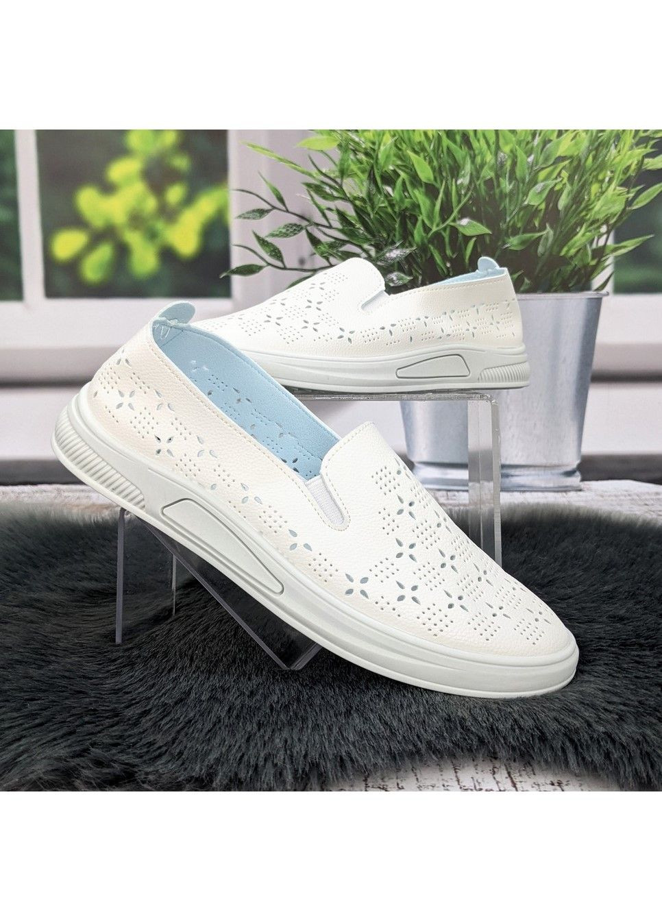 Белые мокасины женские летние эко-кожа с перфорацией Dual