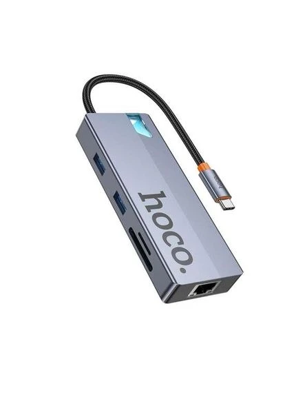 USB-хаб HB52 Wow 8-in-1 multi-function converter (HDTV+RJ45+SD/TF+PD+Type-C3.0+USB3.0*2) Темно-серый Hoco (368591161)