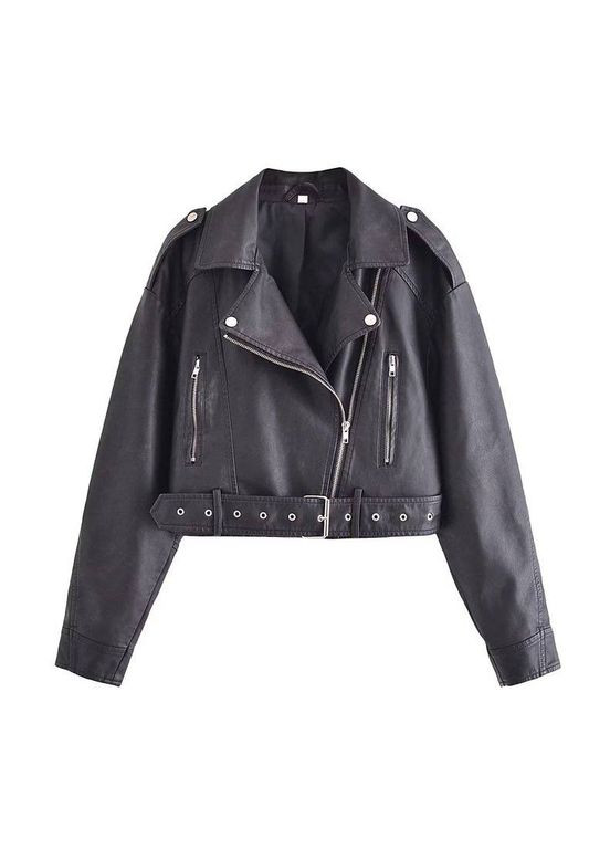 Чорна укорочена куртка з поясом Fashion