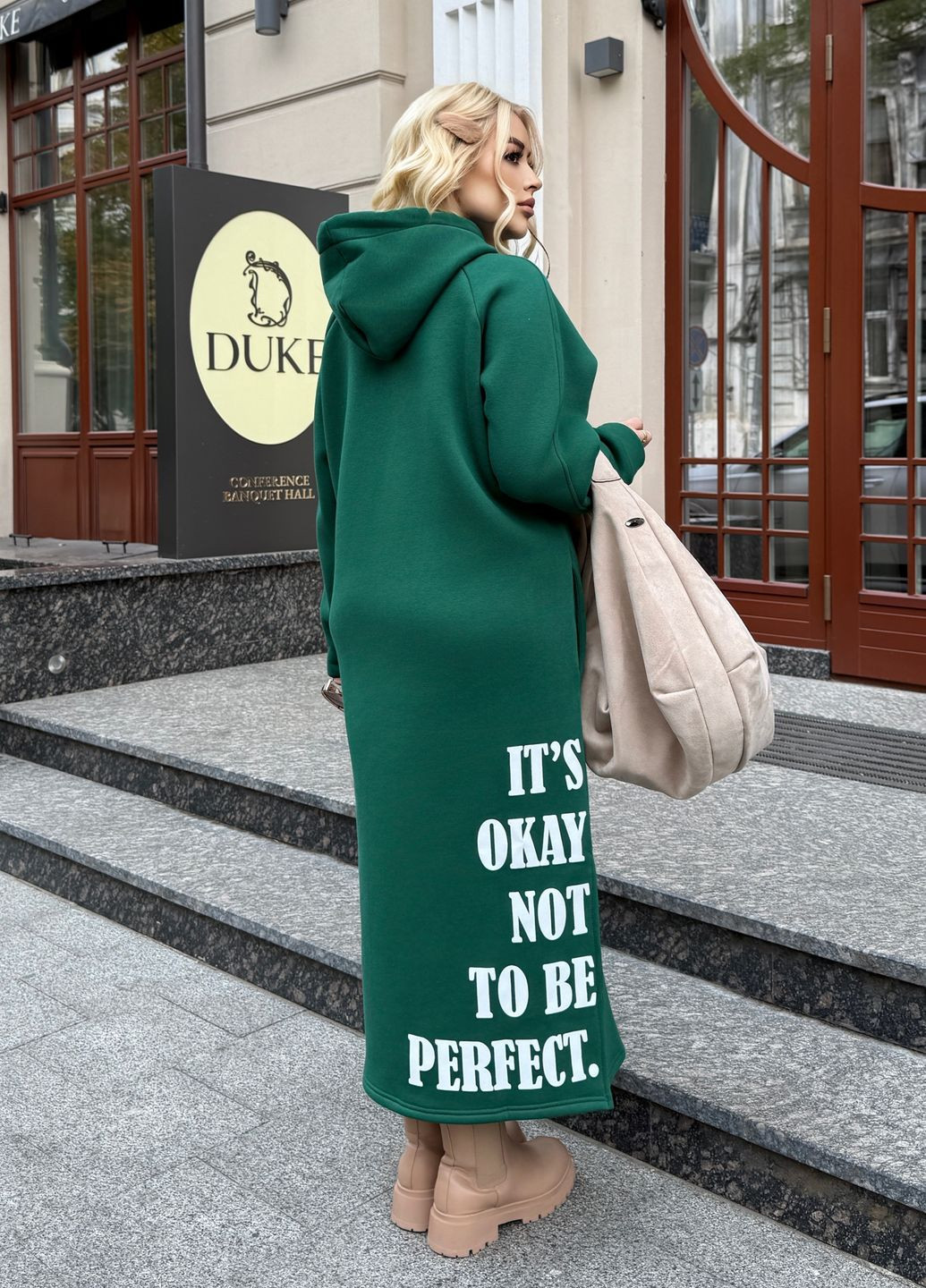 Зелена спортивна, повсякденний, кежуал сукня-худі максі на флісі з капюшоном оверсайз фасону оверсайз, сукня-худі No Brand однотонна