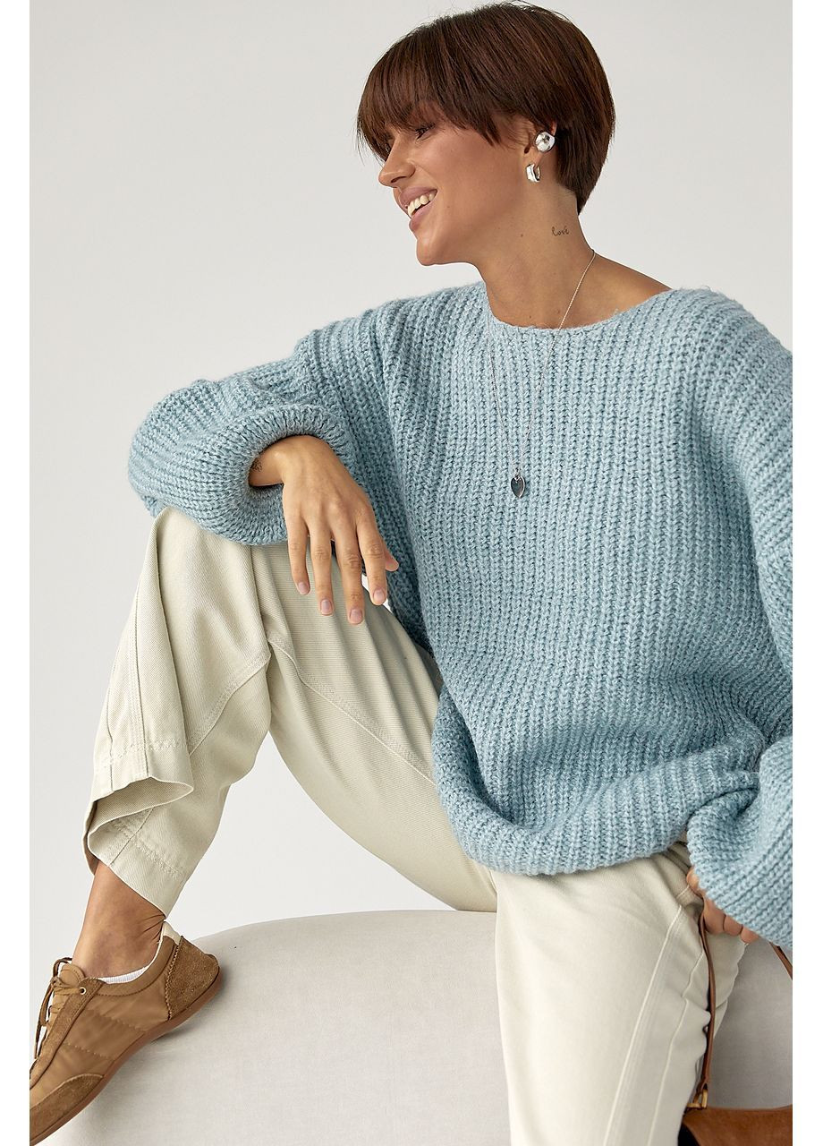 Синий зимний однотонный джемпер крупной вязки - желтый цвет Lurex