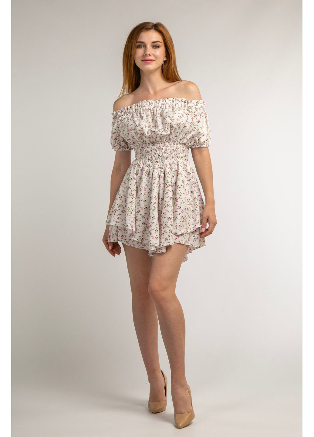 Комбінезон міні із коротким рукавом в квітку CHICLY комбінезон-шорти квітковий білий повсякденний, кежуал софт