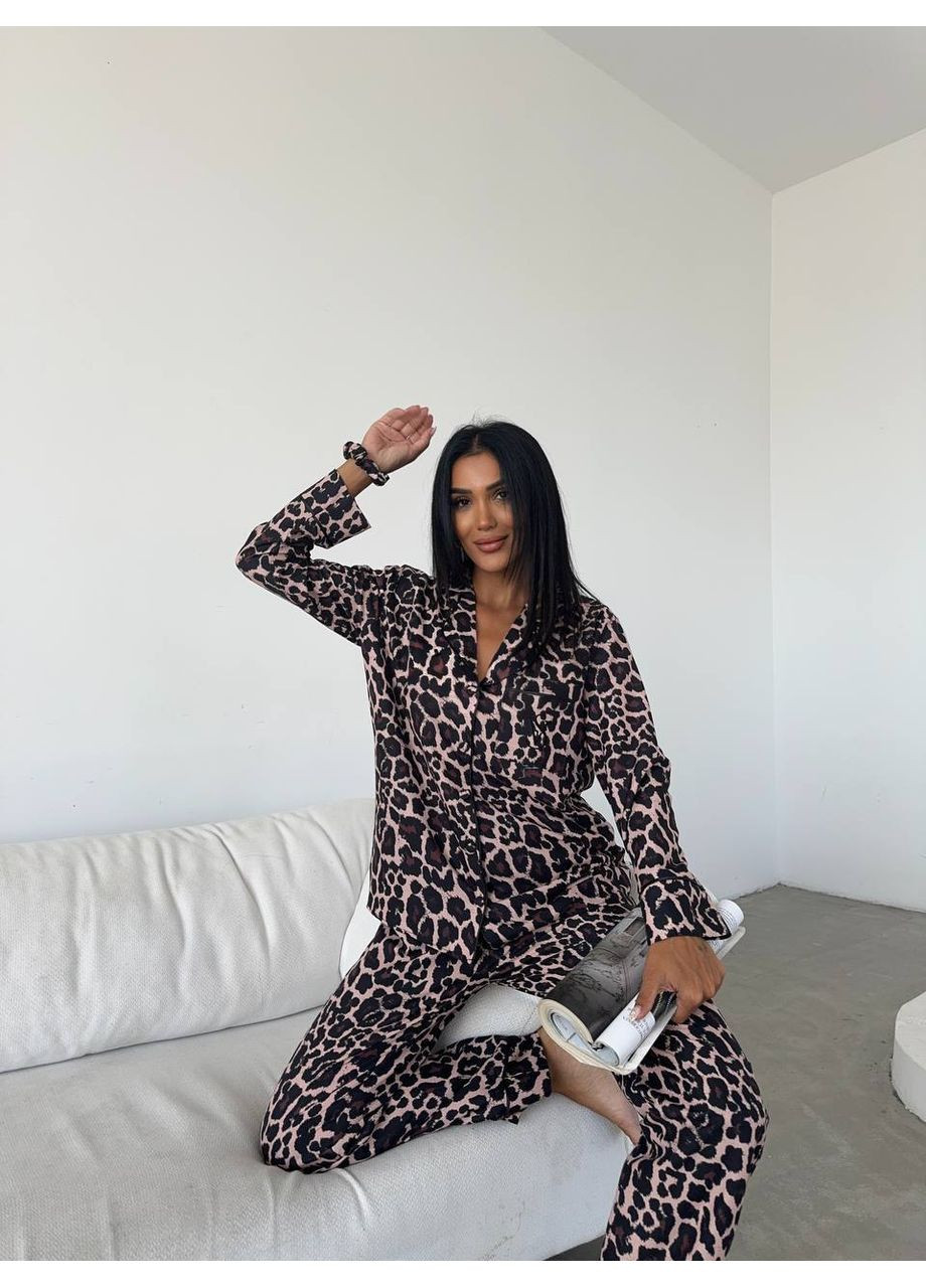 Чорна всесезон жіноча піжама | чорний леопард сорочка + брюки Vital-Textile 1238