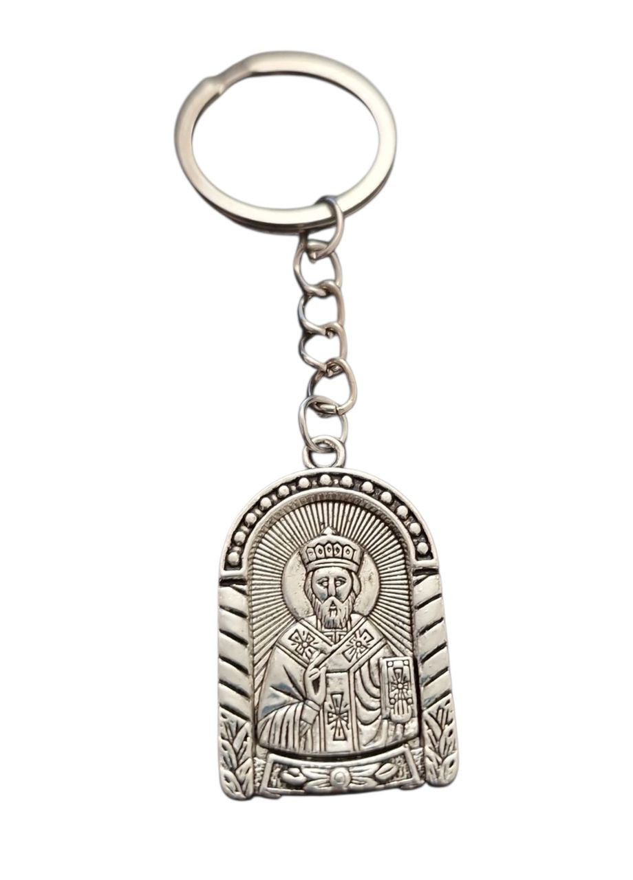 Брелок металлический для ключей с иконой Святой Николай Чудотворец 97 мм серебристый No Brand (341325575)