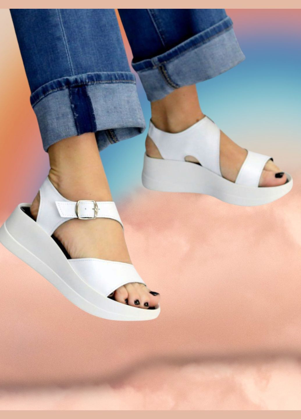 Жіночі босоніжки білі шкіряні літні на танкетці Garti Босоніжки (342122476)