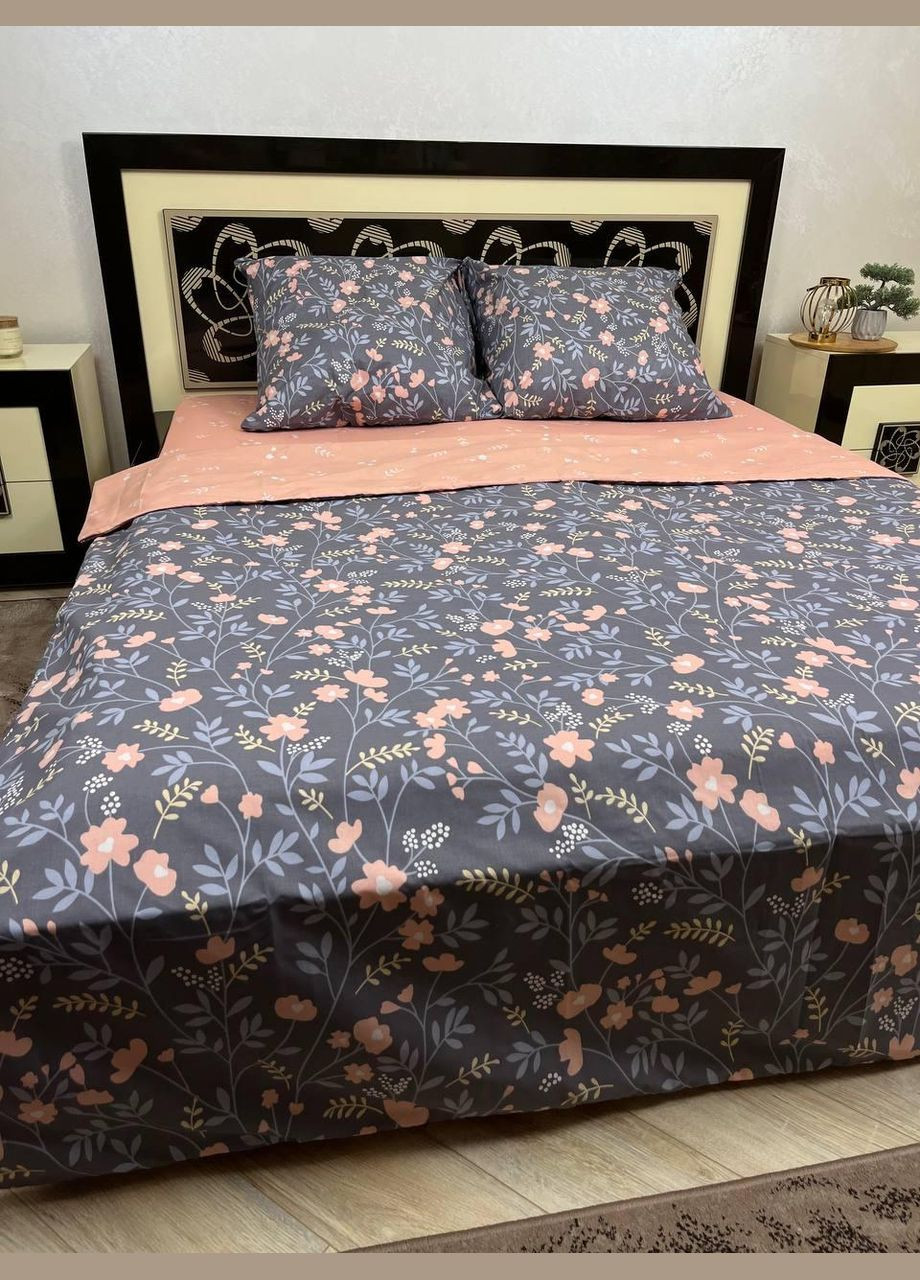 Постельное белье хлопковое Цветы Двуспальное Простынь на резинке 160x200х20 Бязь Серое 50 х 70 No Brand (278274696)