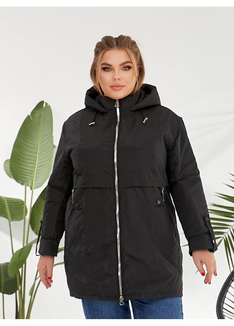 Черная демисезонная демисезонная женская куртка удлиненного кроя с капюшоном. MonCher