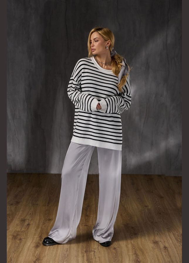 Чорний демісезонний подовжений джемпер у чорно-білу смужку oversize (2474) Triko Bakh