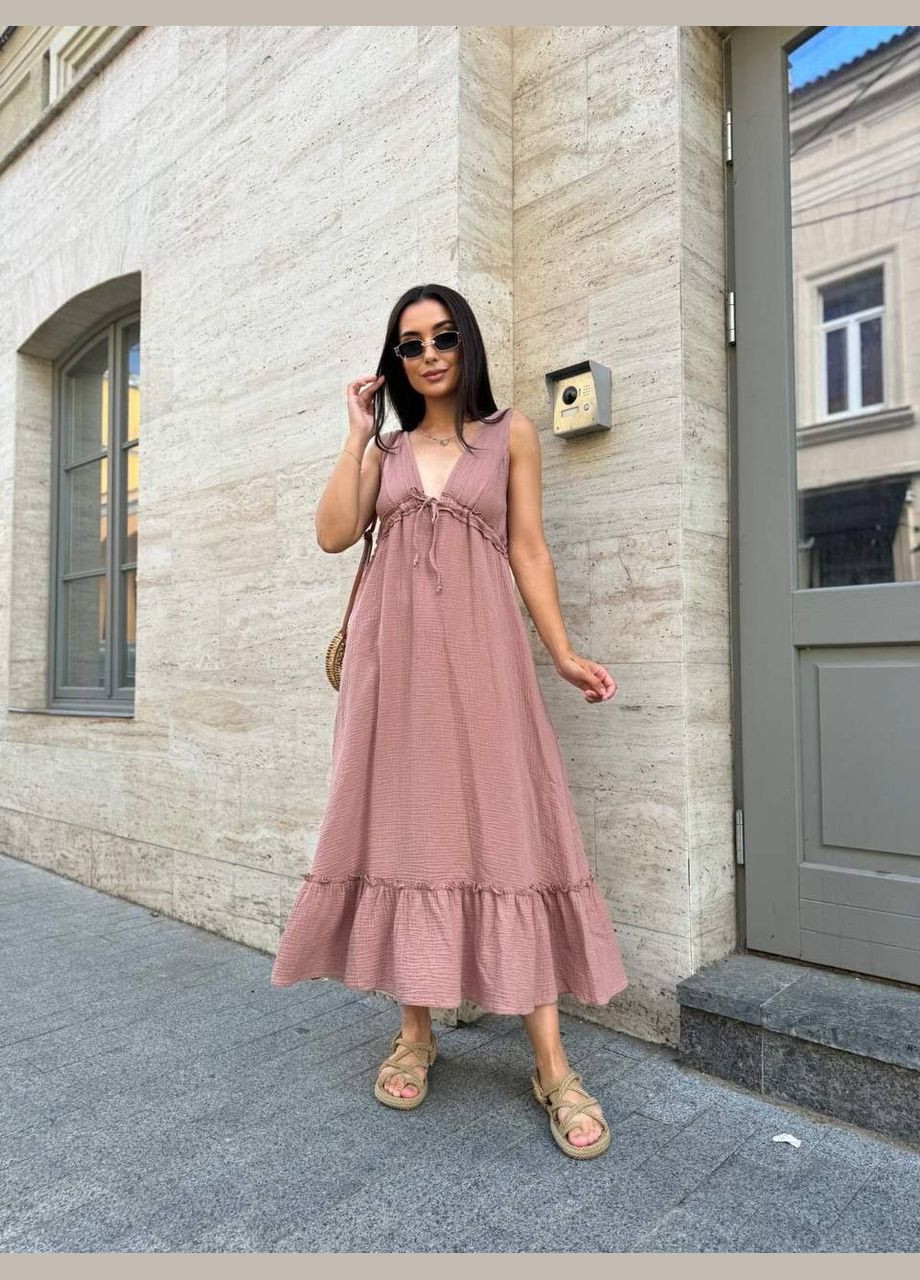 Бежевое летнее муслиновое платье без рукавов ниже колена бежевое You Best