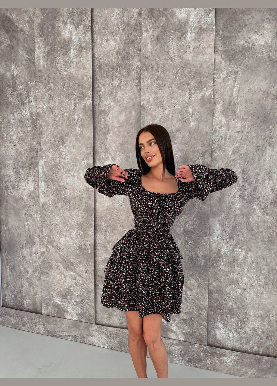 Чорна повсякденний, святковий жіноча сукня міні в квітковий принт з пишною спідницею, футляр Україна з квітковим принтом