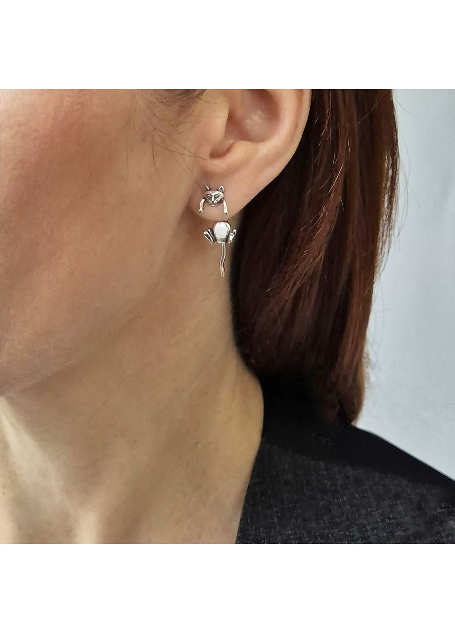 Серебряные серьги гвоздики на закрутках Котик Мяу серебро 925 пробы Черненное 2738с 4.34г Nobrand (366870919)
