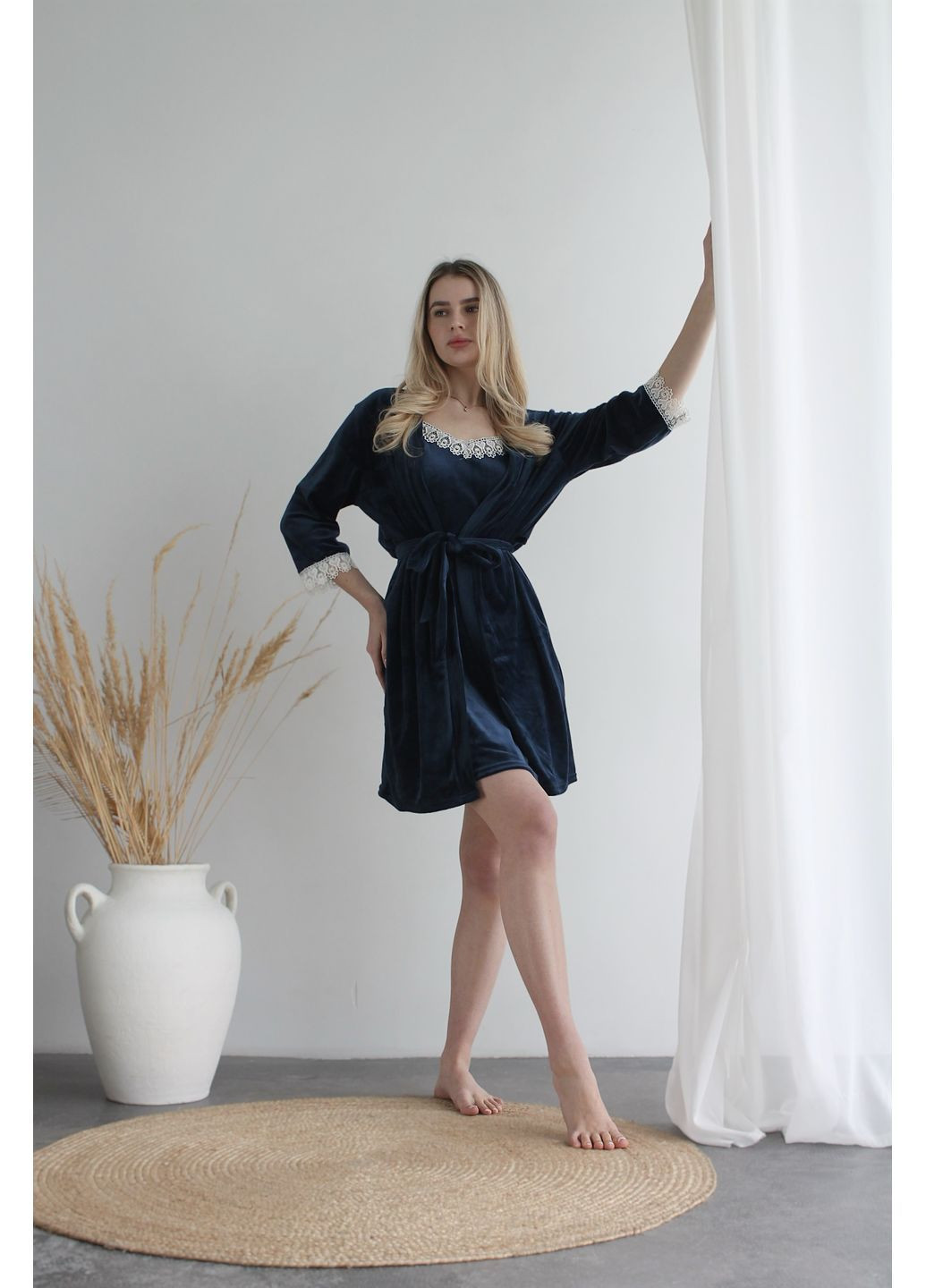 Синий демисезонный бархатный комплект халат + шорты + майка Vakko