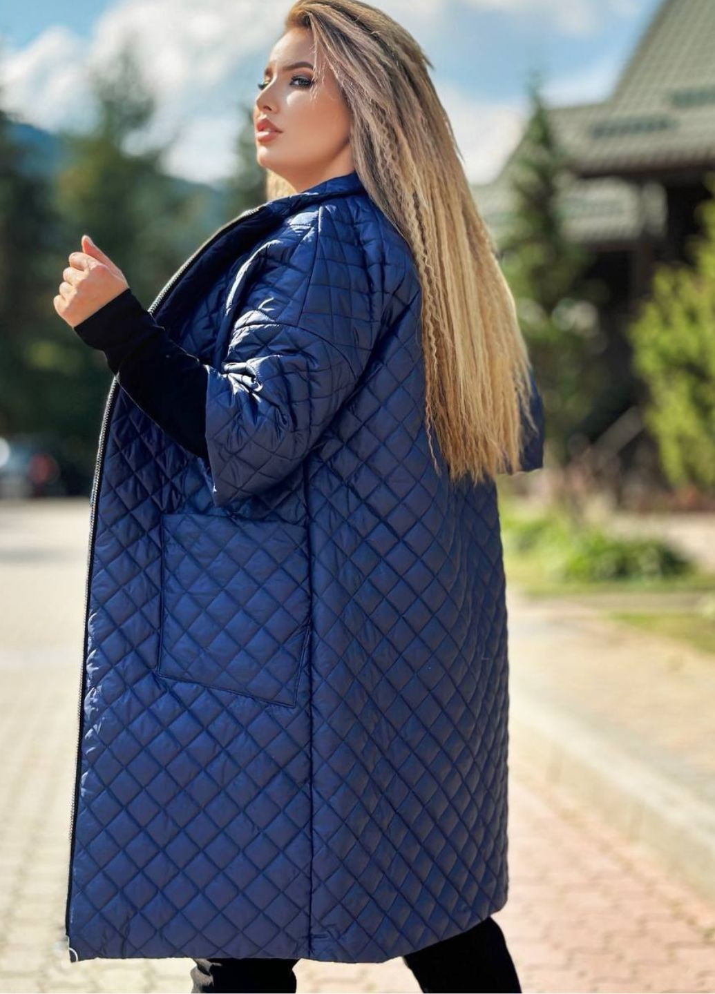Синяя демисезонная женское удлиненное стеганое пальто на синтепоне с рукавом 3/4 Україна