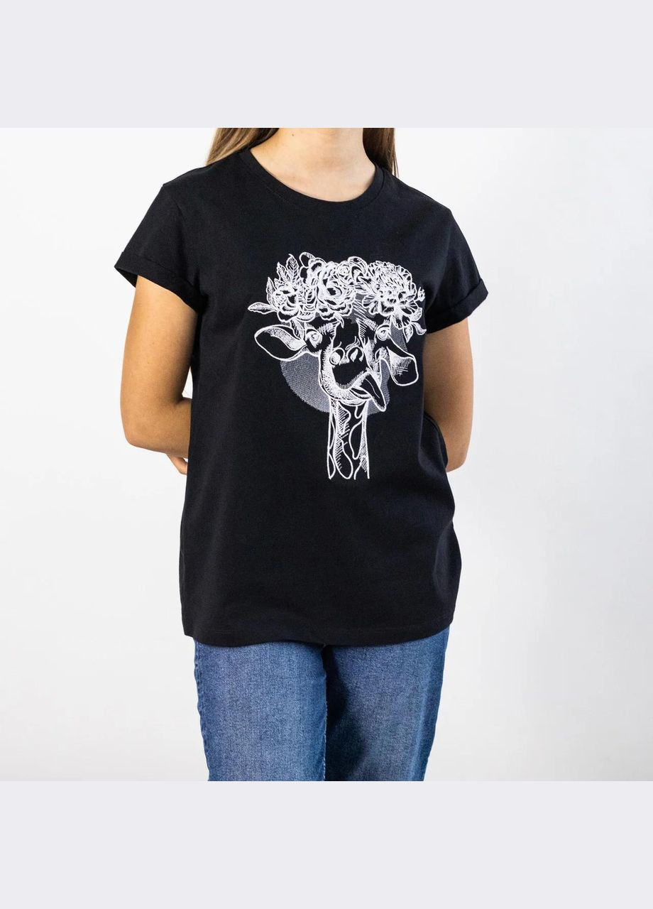 Комбинированная всесезон футболка женская базовая черная с вышивкой жираф mkмф70152-1 Modna KAZKA