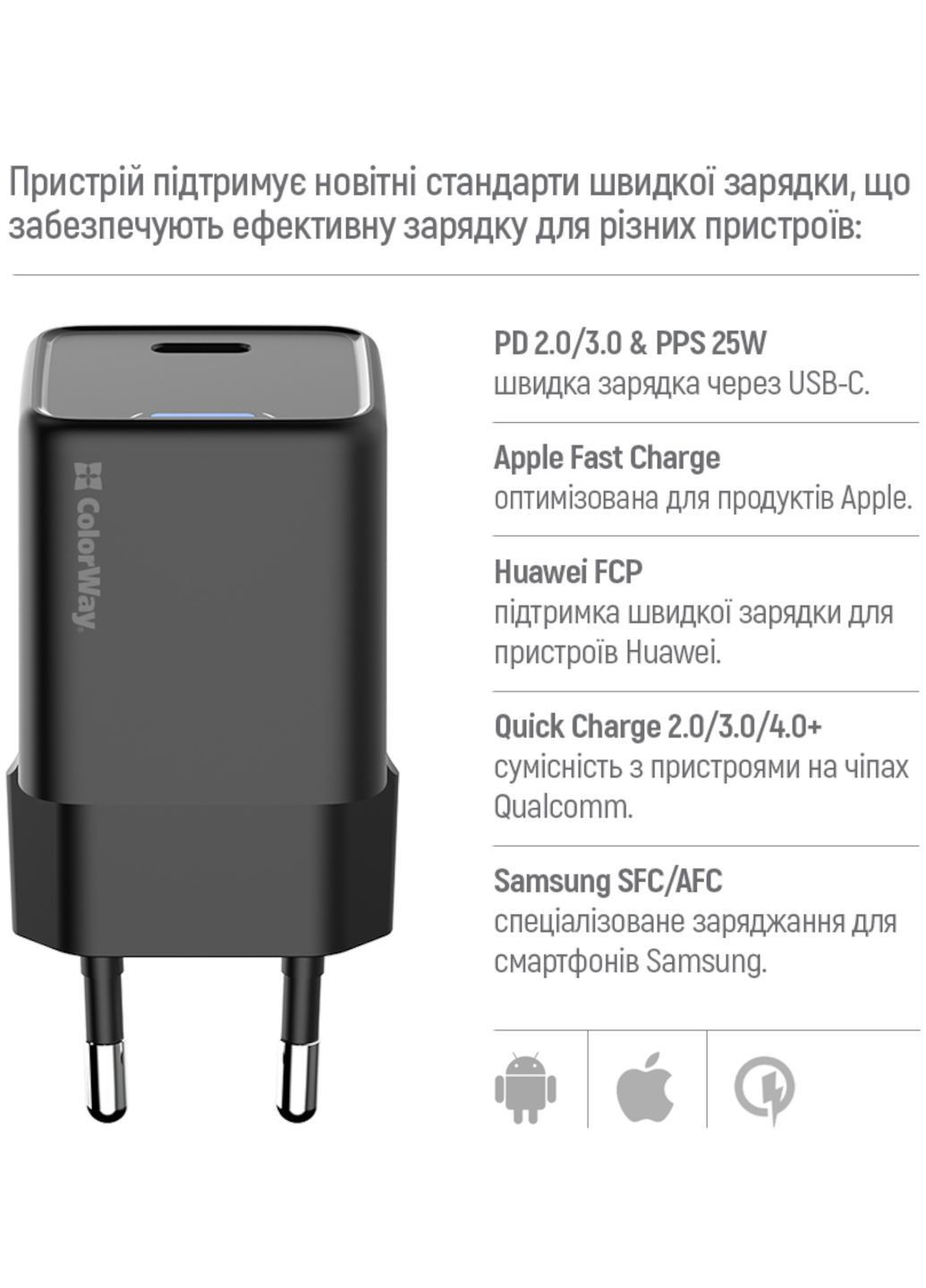 Зарядка тайп си блок питания для телефона/айфона/планшета GaN 25W Type-C Power Delivery (PD) + USB Quick Charge (QC 4.0) Colorway GaN Mini (367984433)