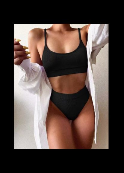 Черный женский купальный раздельный в рубчик с завышенной талией No Brand