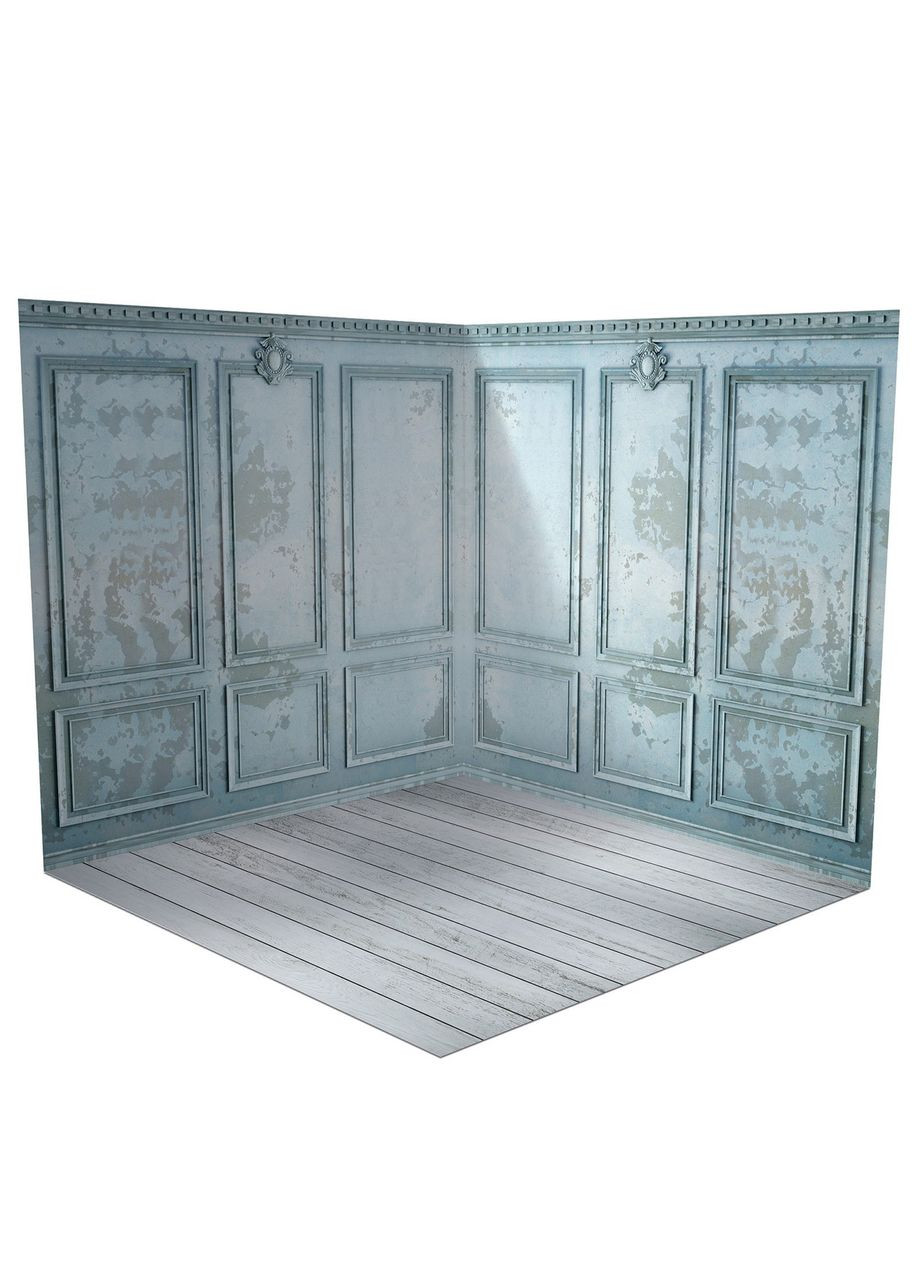 Виниловый фон 3D угловой, голубые классические панели, пол светлый бетон и белое дерево, 70×70 см, №58243 PhotoVinyl (354376669)