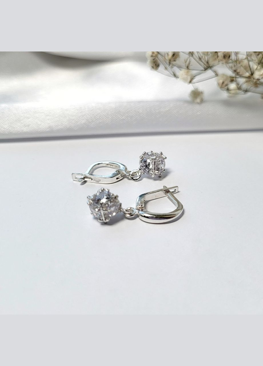 Срібні сережки з підвіскою Кулька в Білих каменях срібло 925 проби Родоване 56093р 4.20г No Brand (331148493)