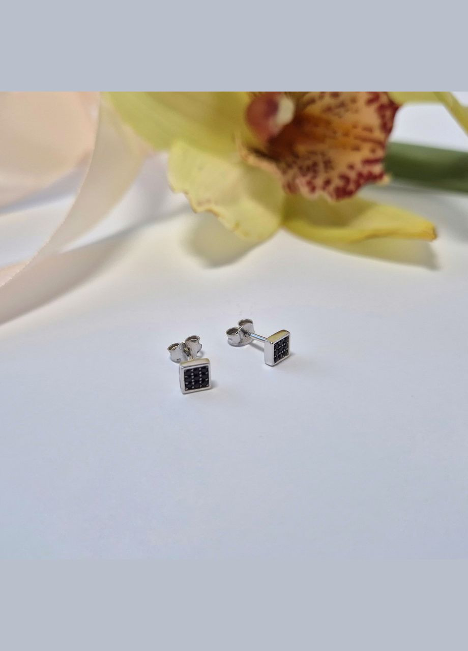 Срібні сережки гвоздики на фіксаторах Квадрат з Чорним Камінням срібло 925 проби Родоване 1054ф2 0.90г No Brand (306743342)