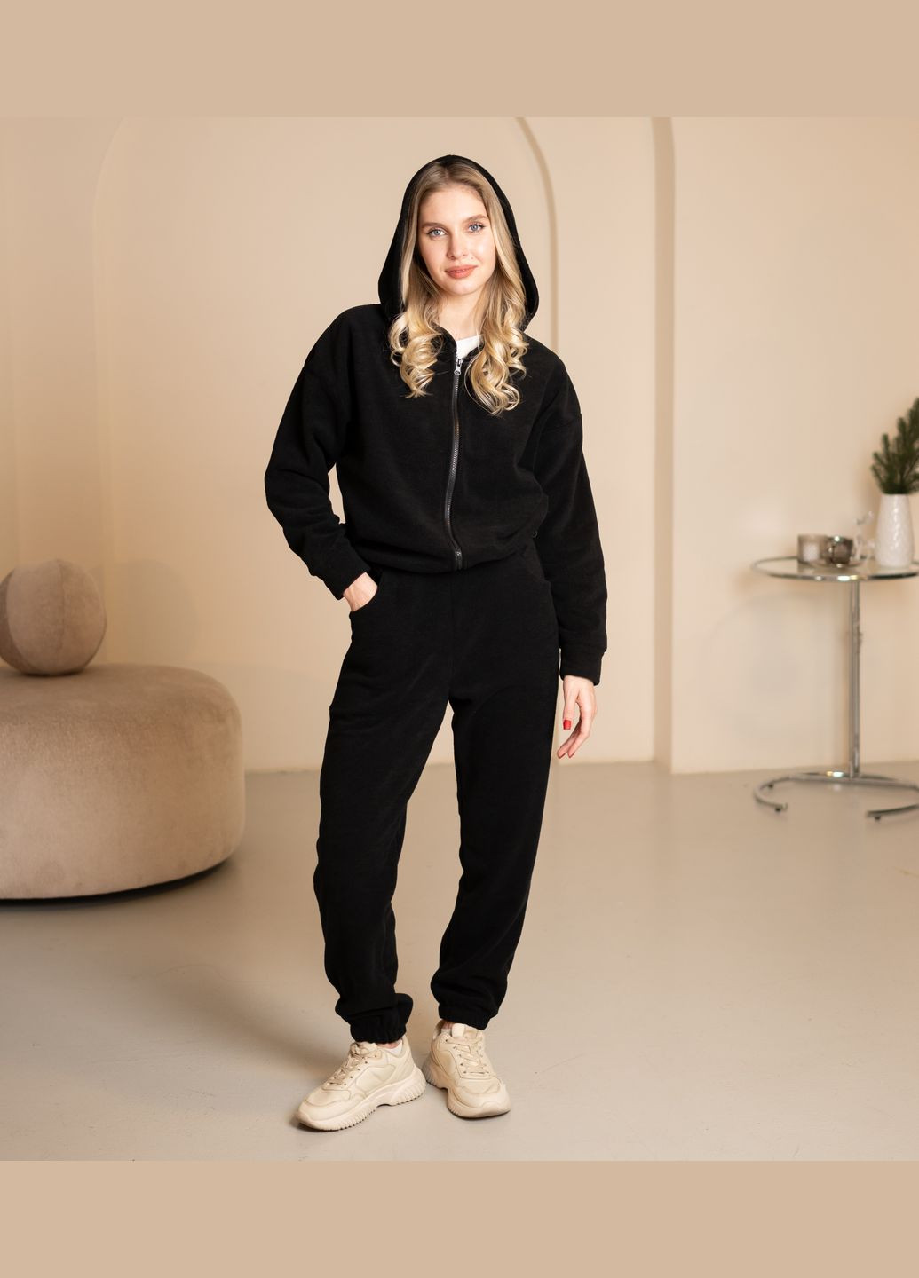 Женский костюм черного цвета на замке с капюшоном на флисе, No Brand 7033 (316703278)