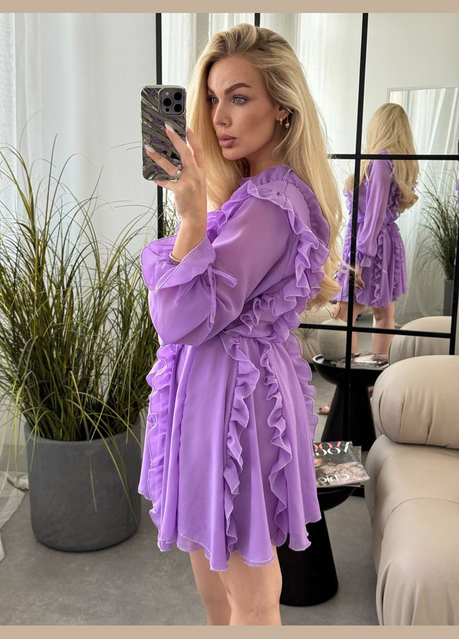 Лиловое праздничный, коктейльное, вечернее шифоновое платье с воланами Vakko однотонное