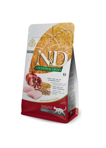 Низькозерновий сухий корм N&D, для дорослих котів, курка з гранатом, 1.5 кг (*) Farmina (304424584)