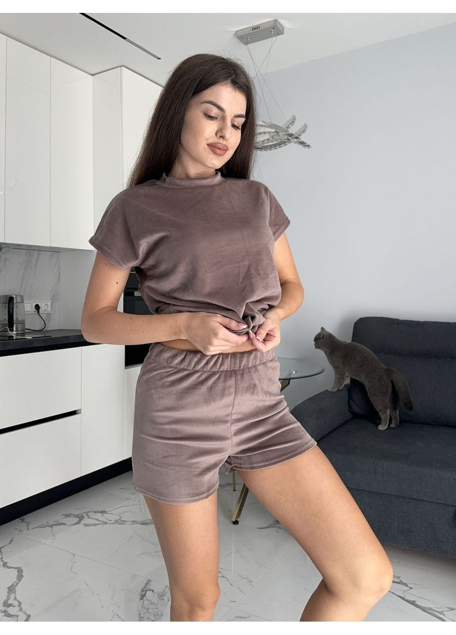 Кавова всесезон велюровий домашній комплект трійка Fashion