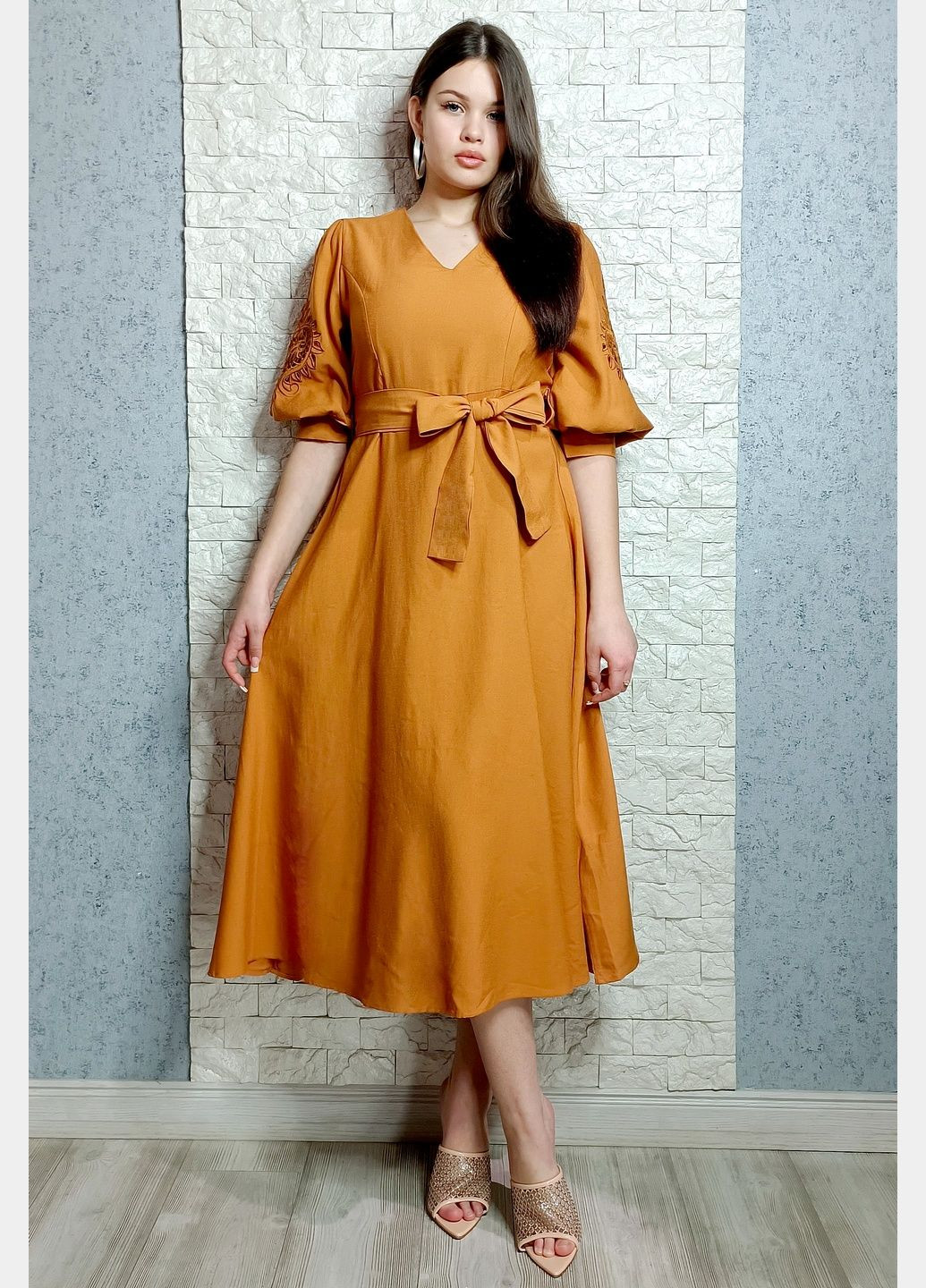 Горчичное повседневный, кэжуал платье а-силуэт Lara однотонное