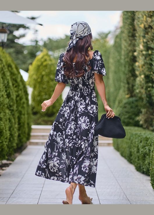 Черное повседневный платья с открытыми плечами ISSA PLUS с цветочным принтом