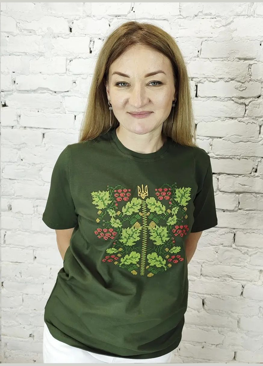 женская футболка вышиванка калина хаки НоКо узор орнамент свободная, прямой хлопок, эластан (313436287)