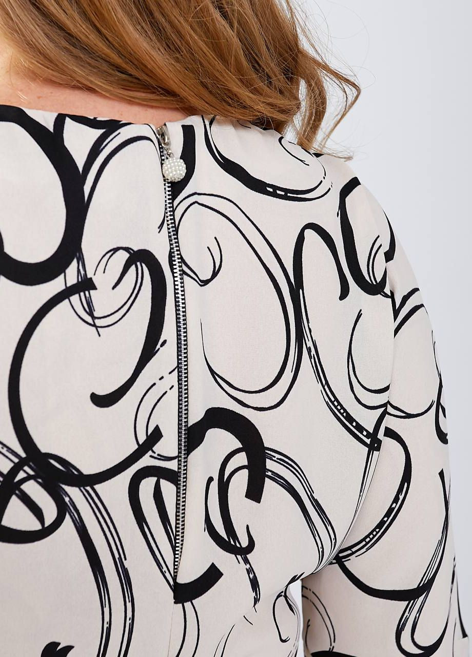 Белое деловое женское классическое демисезонное платье миди с длинным рукавом Modena с абстрактным узором